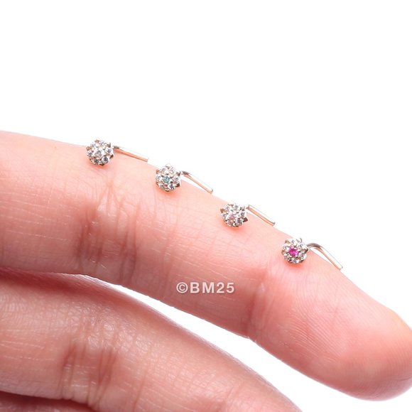 14 Karat Gold Glistening Multi-Gem Flower Sparkle L-Shaped Nose Ring - Picture 3 of 5
